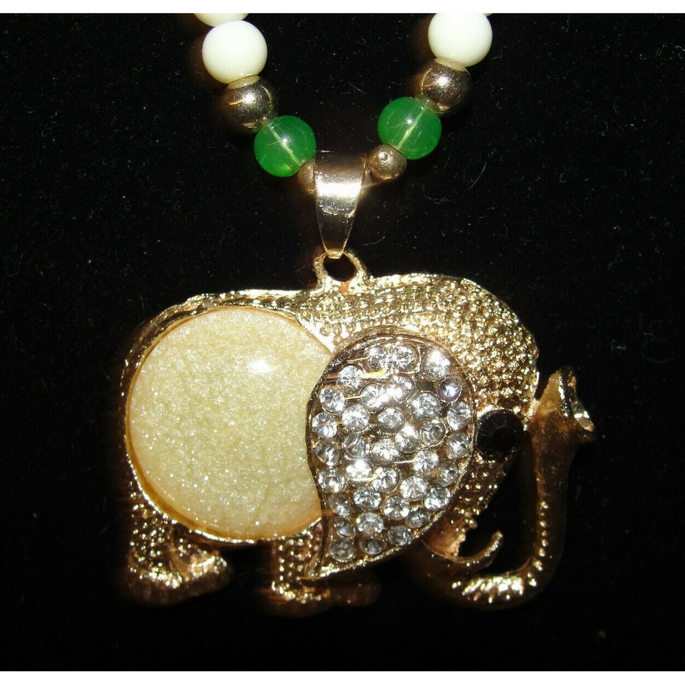 Gold Tone Rhinestone Elephant Pendant Beaded Necklace Cream Green Accent